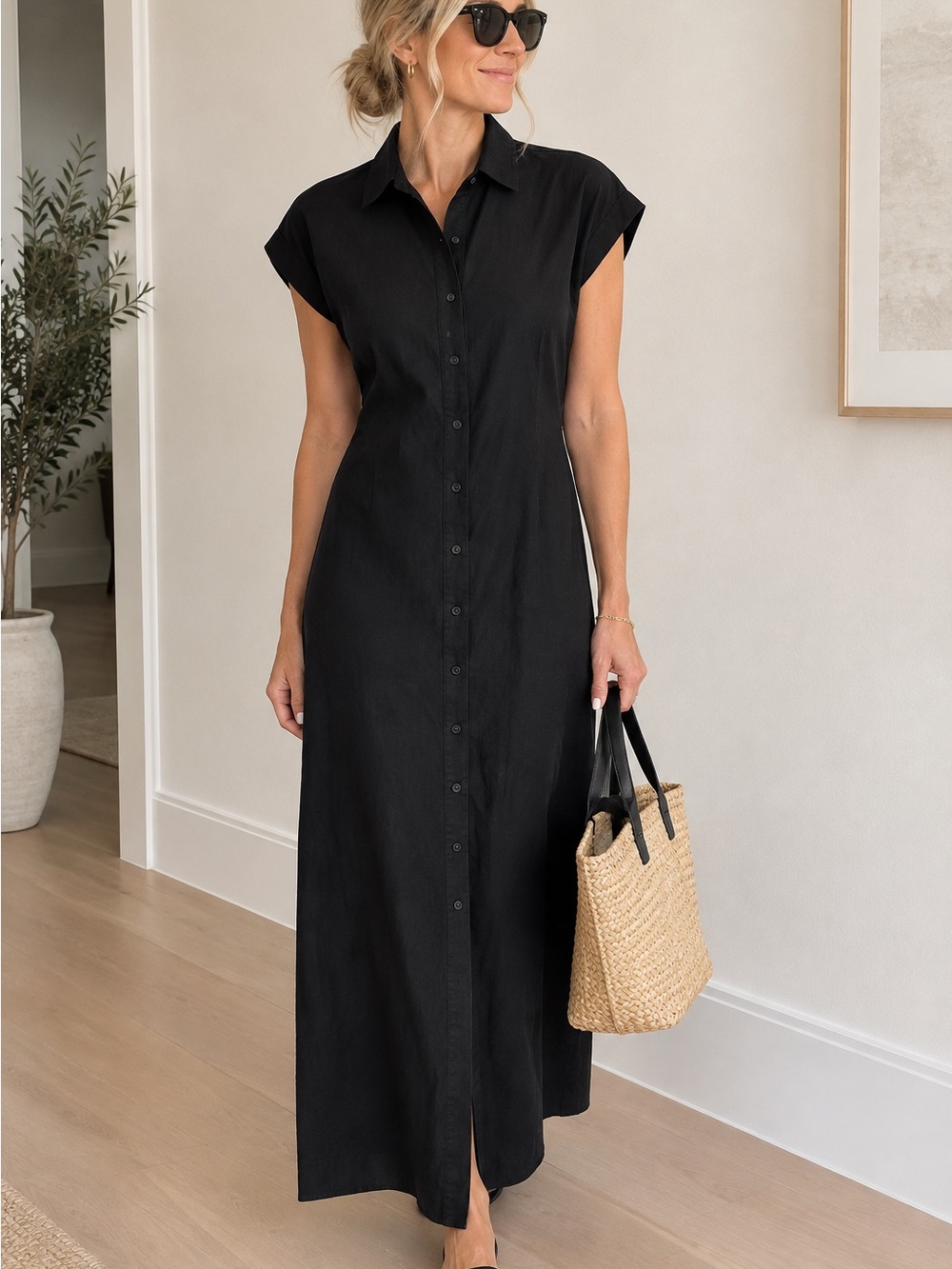 Club Monaco Black Button-Front Maxi Silk Shirt Dress